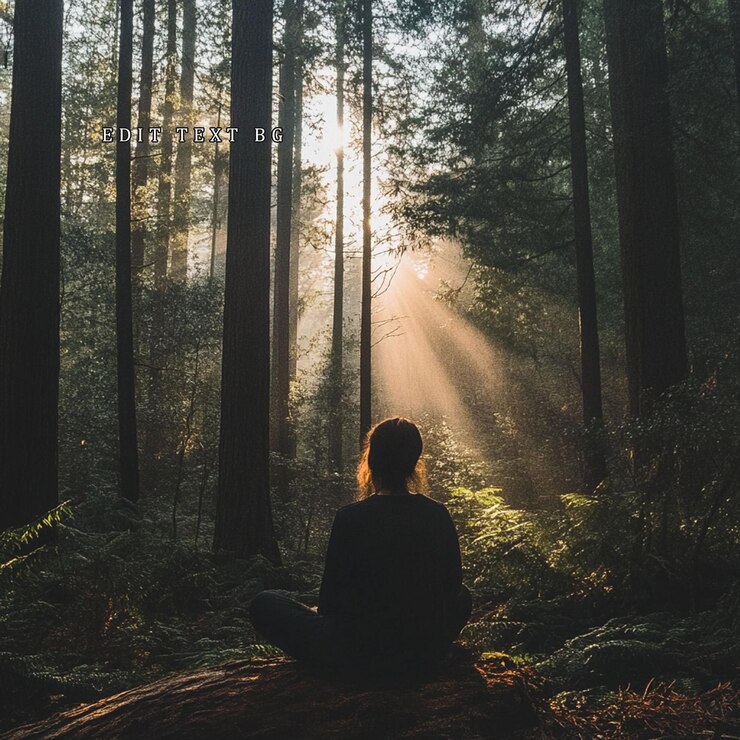 PSD mujer medita en el bosque iluminado por el sol escena de naturaleza serena