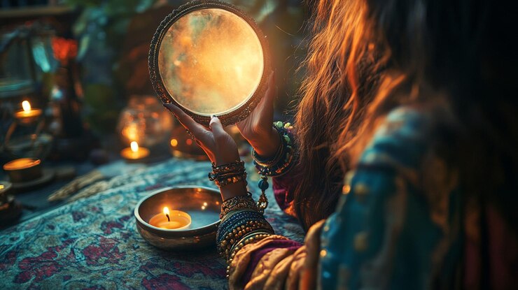 PSD mujer mirando a un espejo brillante místico durante un ritual espiritual