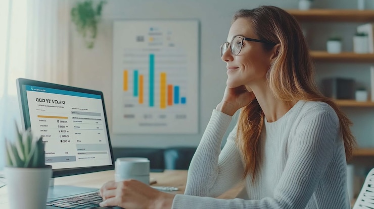 PSD mujer mirando pensativa a la pantalla de la computadora que muestra datos financieros posiblemente revisando un presupuesto o estados financieros un espacio de trabajo moderno con gráficos y gráficos visibles