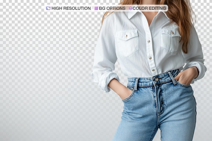 PSD mujer de moda casual en pantalones vaqueros azules y camisa blanca en exhibición