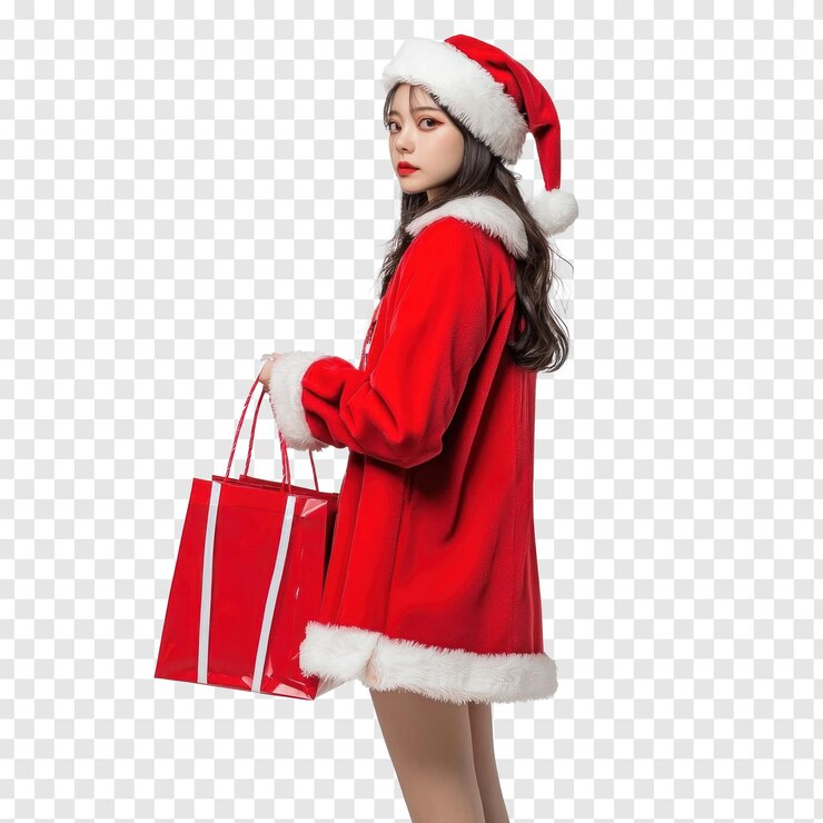 PSD mujer de moda con disfraz de papá noel con la mano sosteniendo una bolsa de compras roja de pie vista lateral aislada sobre un fondo transparente