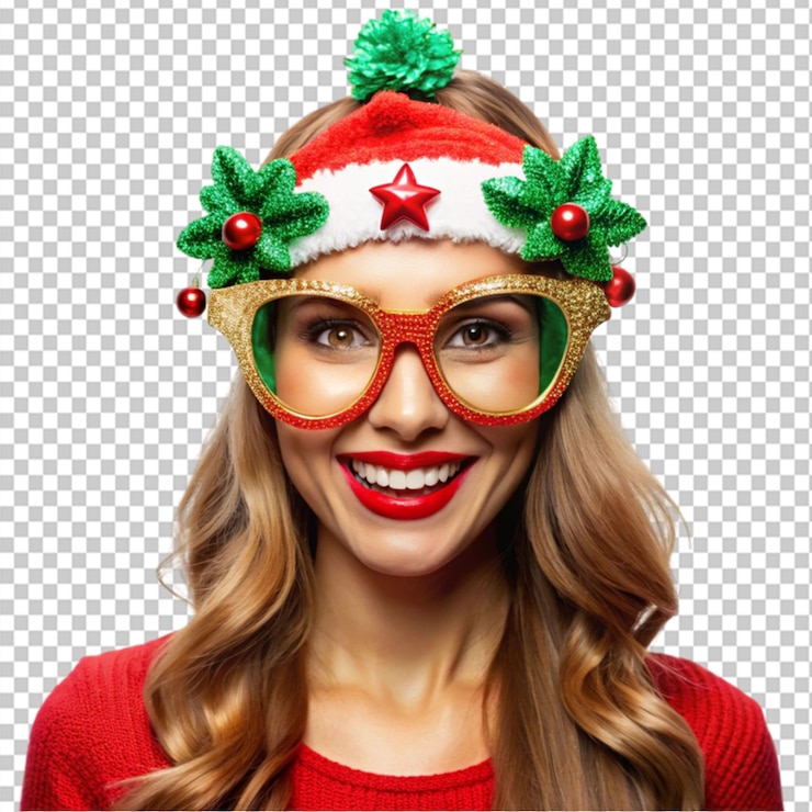 PSD mujer de moda con una divertida fiesta de navidad en un fondo transparente