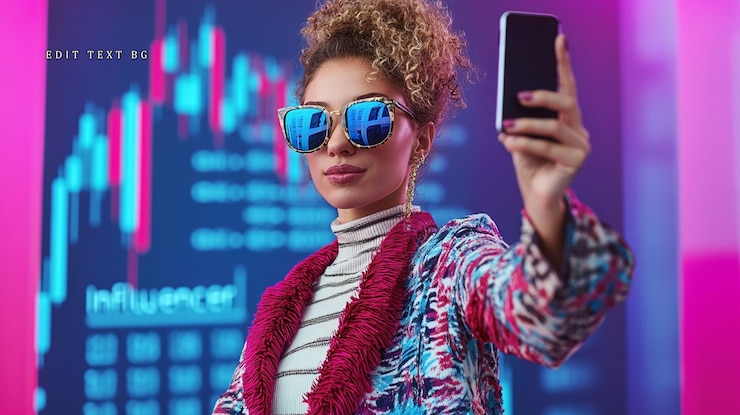 PSD mujer de moda tomando una selfie con el fondo vibrante del teléfono