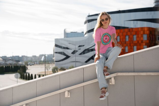 Mujer modelando maqueta de moda en la pared