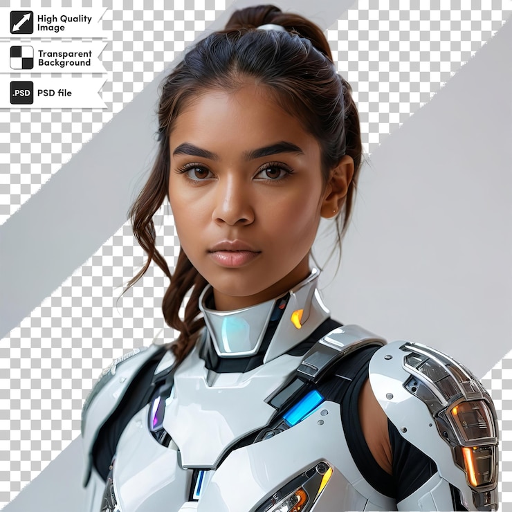 PSD una mujer con un monitor de computadora que dice robot en él