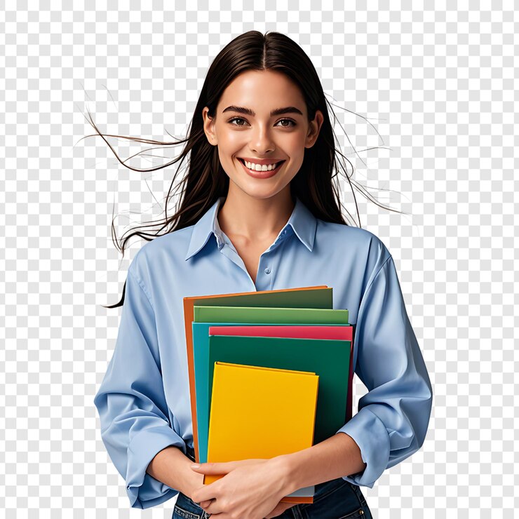 PSD una mujer morena sonriente con una camisa con libros aislados en un fondo transparente