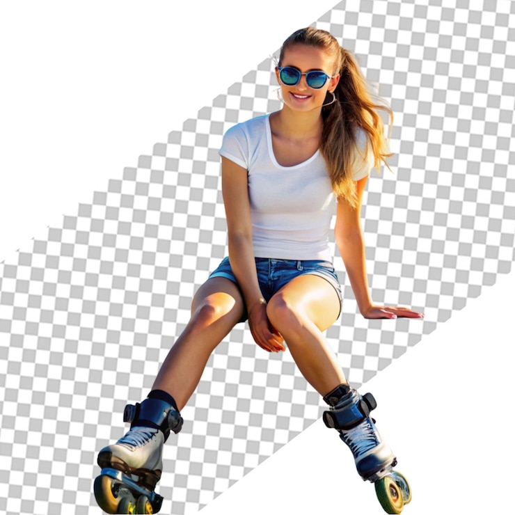 PSD una mujer morena sonriente con gafas de sol divertidas se sienta en un skateboard rojo