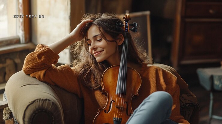 PSD mujer músico relajada sosteniendo un violín sentada en un sillón cerca de la ventana
