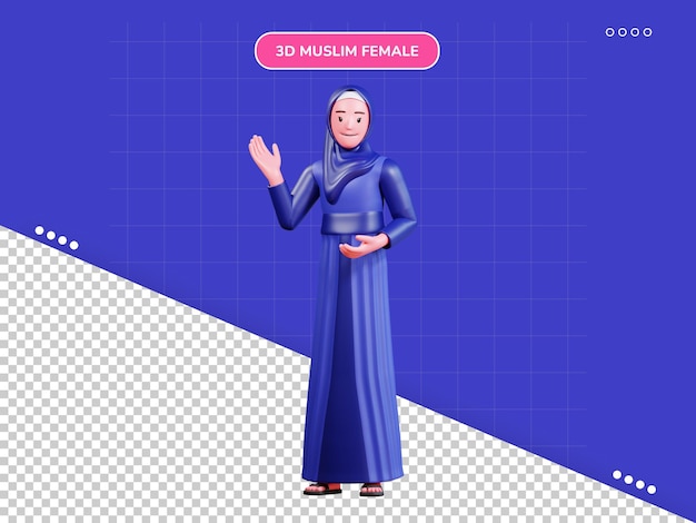 Mujer musulmana de personaje 3d con ropa azul explicando pose
