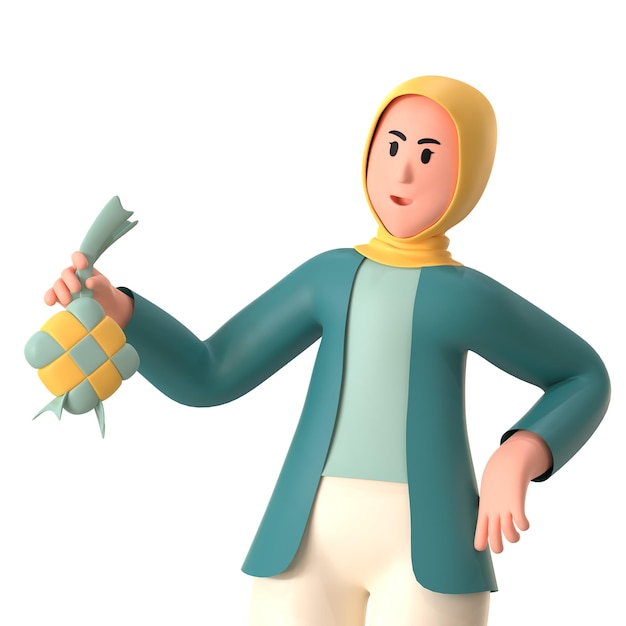 Mujer musulmana tiene Ketupat comida tradicional Eid Ramadan Kareem Actividad 3D