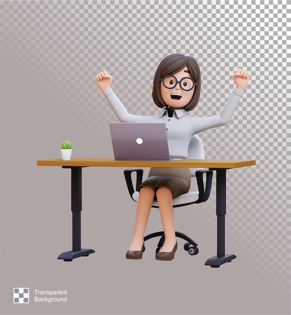 La mujer de negocios 3D está celebrando en el escritorio con una computadora portátil