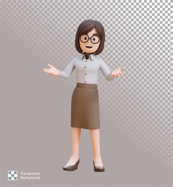 La mujer de negocios 3D está de pie dando un gesto de presentación