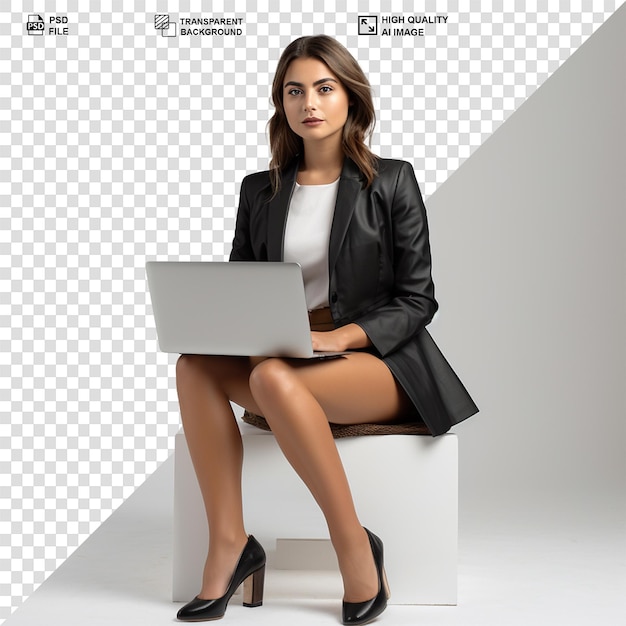 PSD mujer de negocios con abrigo negro usando una computadora portátil aislada con fondo transparente