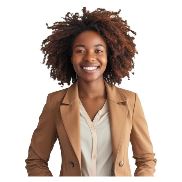 Mujer de negocios africana con una sonrisa feliz y fresca en la cara persona afortunada