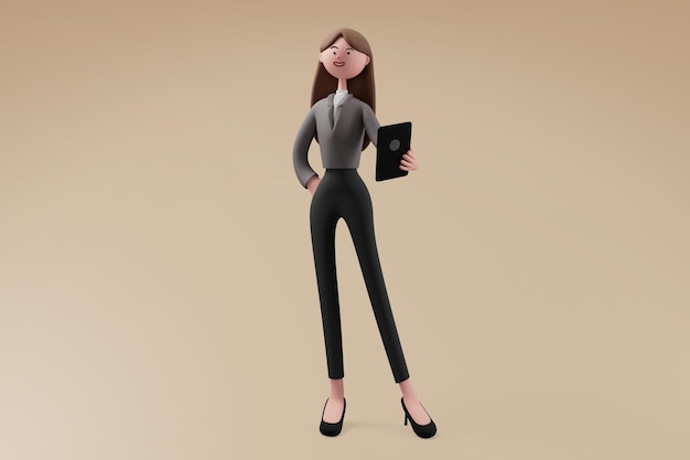 Mujer de negocios atractiva en ropa formal está sosteniendo un dispositivo de tableta y sonriendo sobre fondo aislado Concepto de negocio y tecnología 3d render personaje de dibujos animados