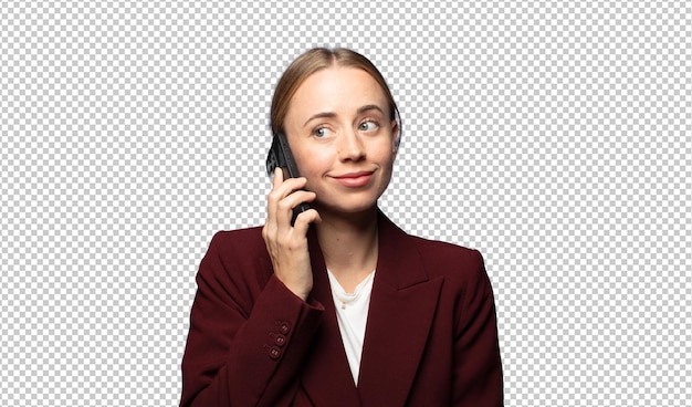 Una mujer de negocios bonita usando un teléfono inteligente.