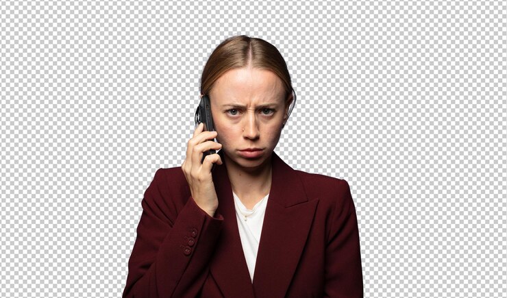 PSD una mujer de negocios bonita usando un teléfono inteligente.