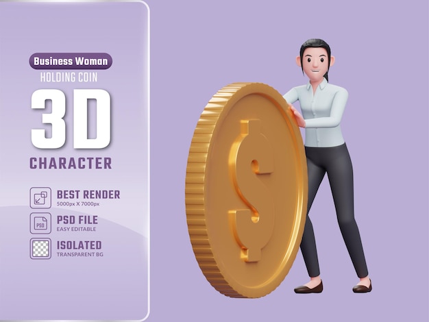 mujer de negocios con una camisa azul envía grandes monedas empujando, ilustración 3d de una mujer de negocios