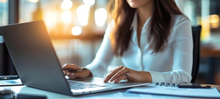 PSD mujer de negocios enfocada trabajando en una computadora portátil en la oficina