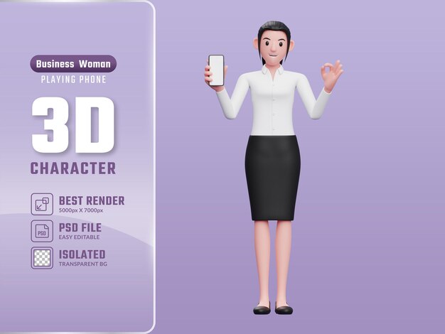 Mujer de negocios con falda negra y camisa blanca sosteniendo el teléfono y mostrando el dedo ok 3d render