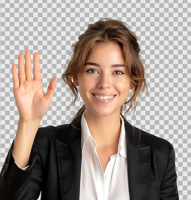 PSD mujer de negocios haciendo un gesto de saludo en un fondo transparente aislado