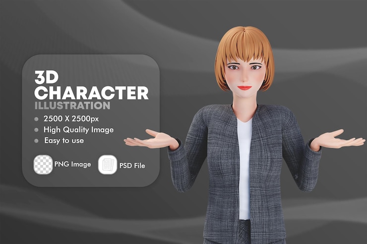 PSD mujer de negocios de ilustración 3d con encogimiento de hombros de traje negro