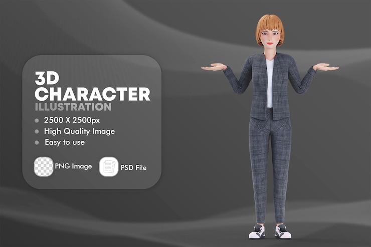 PSD mujer de negocios de ilustración 3d con gesto de encogimiento de hombros de traje negro