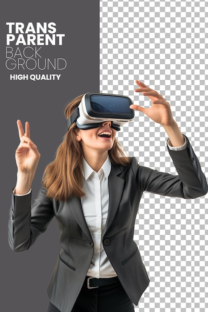 PSD mujer de negocios muy emocionada usando gafas apple vision pro vr archivo png