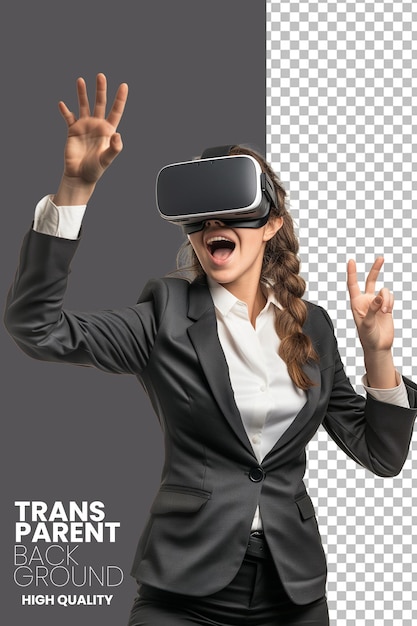 PSD mujer de negocios muy emocionada usando gafas apple vision pro vr archivo png