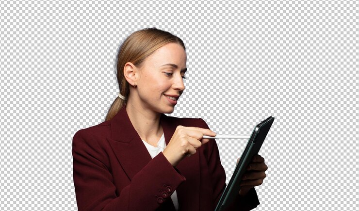 PSD mujer de negocios con una pantalla táctil