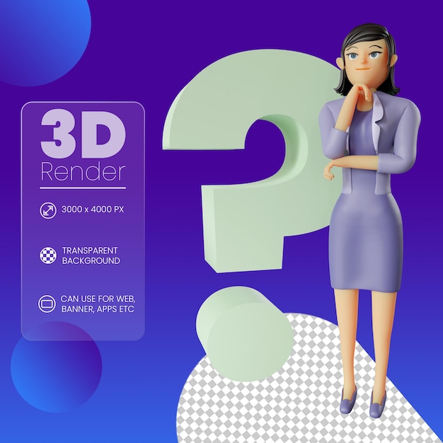 PSD mujer de negocios, con, pregunta, 3d, ilustración