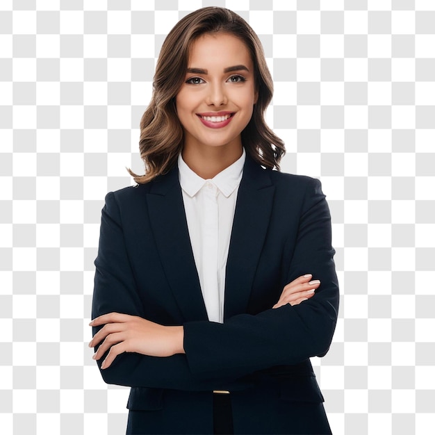 Mujer de negocios profesional en traje sonriendo con los brazos cruzados