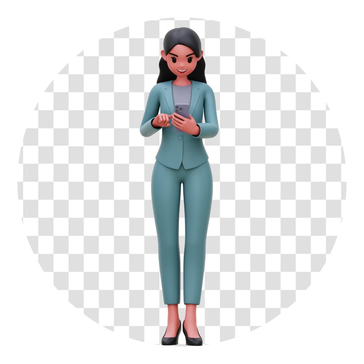 PSD mujer de negocios de representación 3d escribiendo en la ilustración de fondo transparente del teléfono inteligente