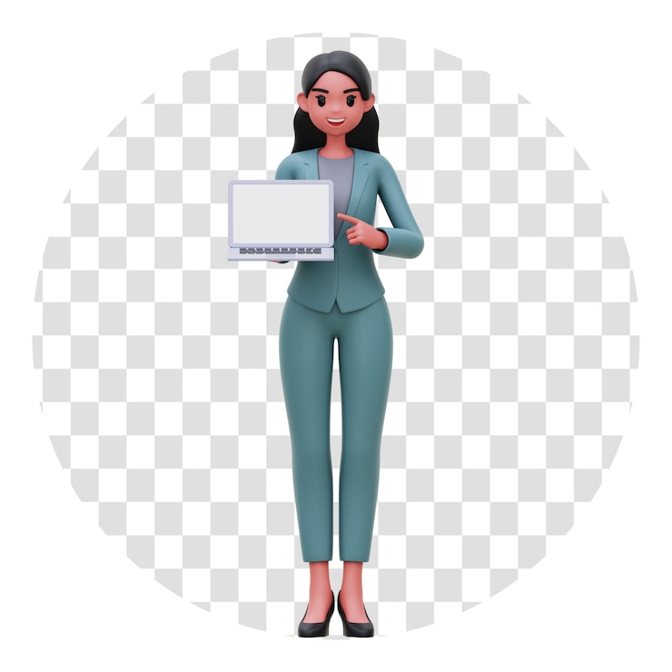 PSD mujer de negocios de representación 3d sosteniendo una ilustración de fondo transparente de computadora portátil