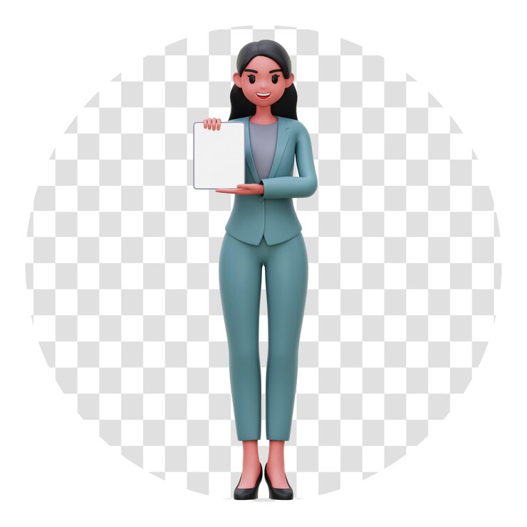 PSD mujer de negocios de representación 3d sosteniendo la ilustración de fondo transparente de la tableta