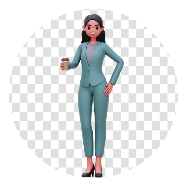 Mujer de negocios de representación 3D sosteniendo ilustración de fondo transparente de taza de café