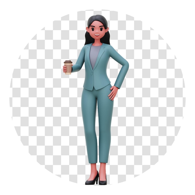 PSD mujer de negocios de representación 3d sosteniendo ilustración de fondo transparente de taza de café