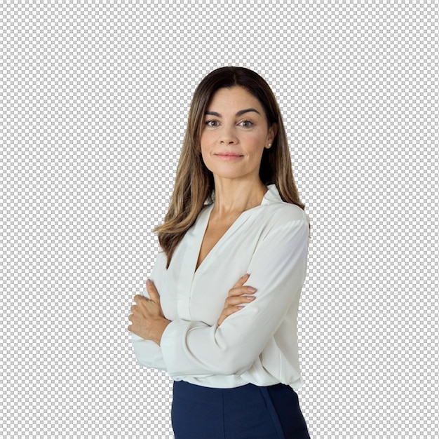 Mujer de negocios segura en una camisa blanca con los brazos cruzados