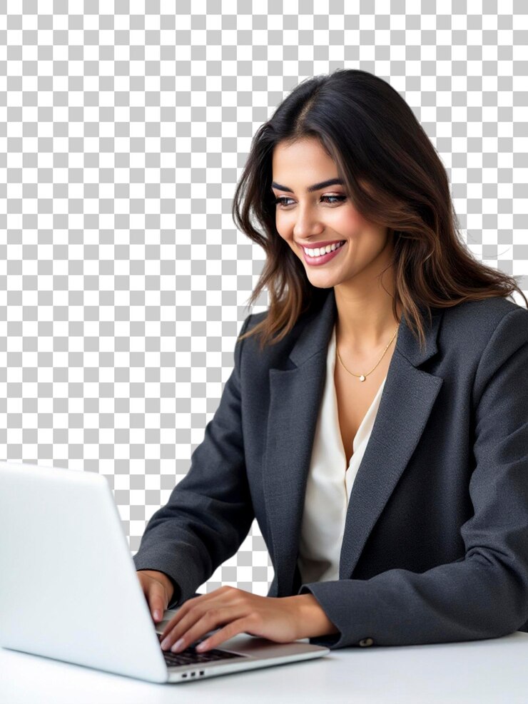 PSD una mujer de negocios segura trabajando en una computadora portátil