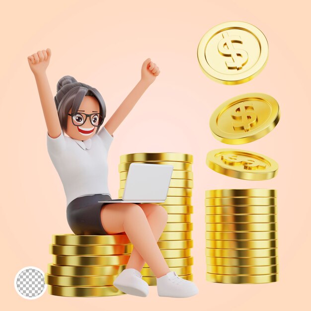 La mujer de negocios se sienta en una moneda de dólar, ilustración 3d