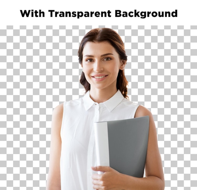 Una mujer de negocios sonriente con carpeta y fondo transparente