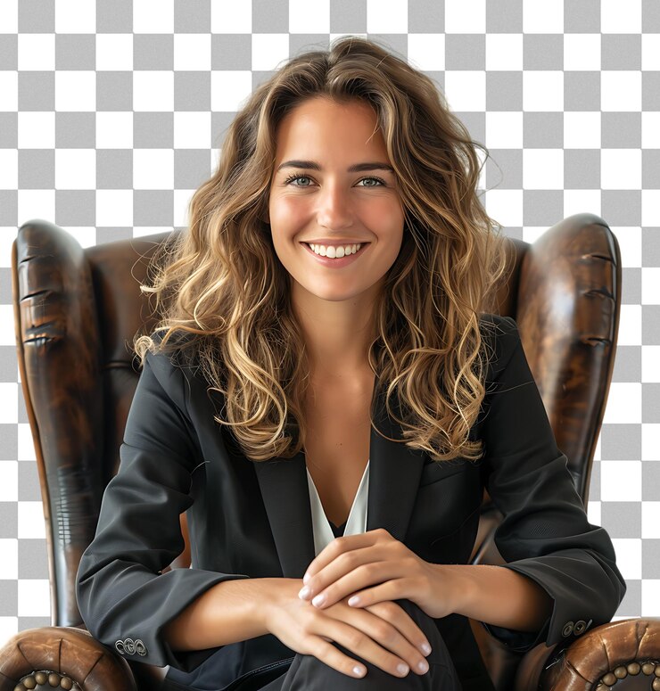 PSD una mujer de negocios sonriente está sentada en una silla de cuero sobre un fondo transparente