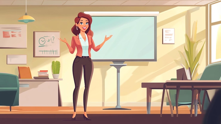 PSD una mujer de negocios sonriente haciendo una presentación en una clase de oficina moderna