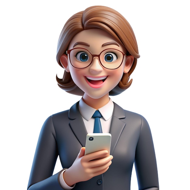 PSD una mujer de negocios sonriente con un teléfono inteligente en 3d