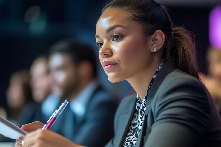 PSD mujer de negocios tomando notas en una conferencia