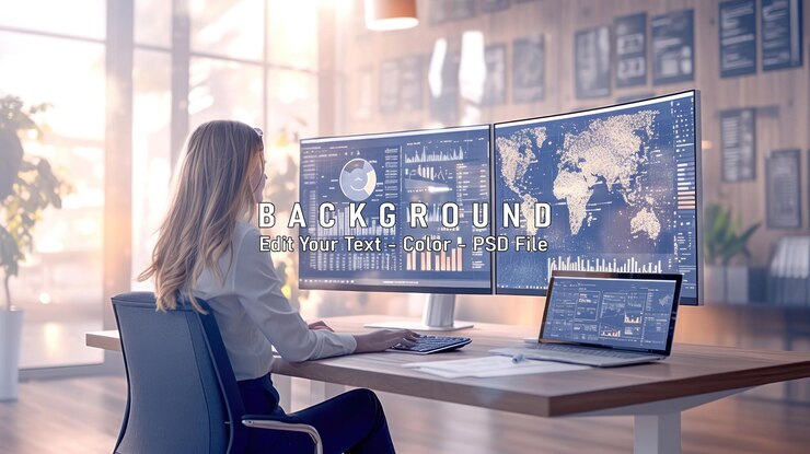 PSD una mujer de negocios trabajando en una computadora con datos mostrados en lar