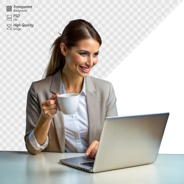 Mujer de negocios trabajando en una computadora portátil con café en un fondo transparente