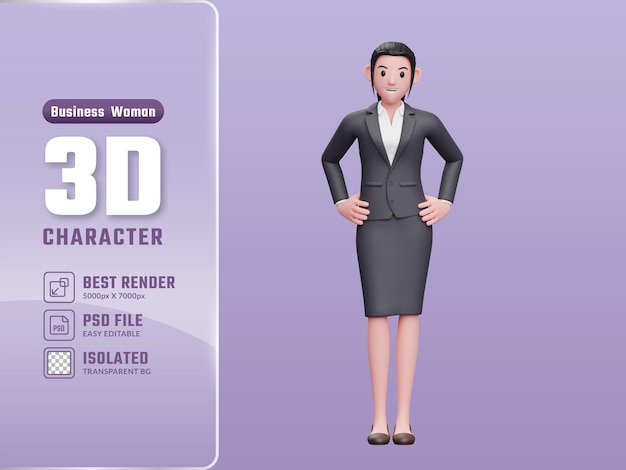 Mujer de negocios con traje de negocios con la mano en la cintura ilustración de personaje de mujer de negocios 3d