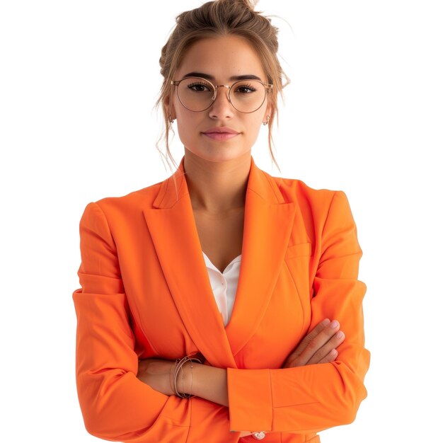 Una mujer de negocios usa gafas de traje naranja.