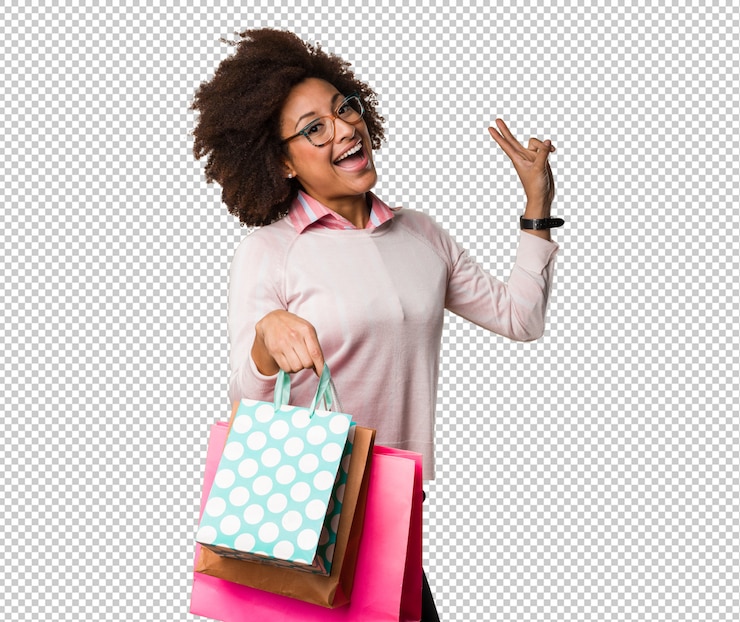 PSD mujer negra con bolsas de compras